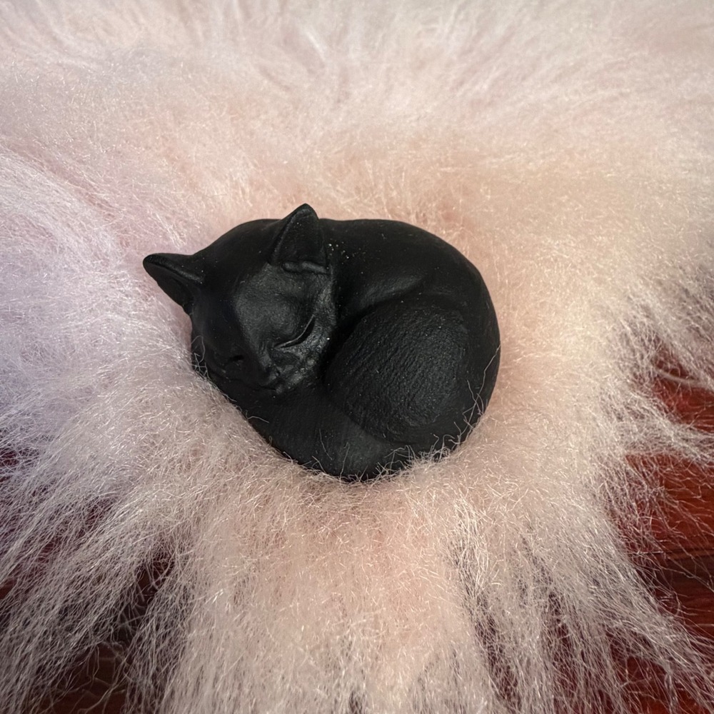Miniature Sleeping Black Cat Figurine Matte Textured Small Feline Decor